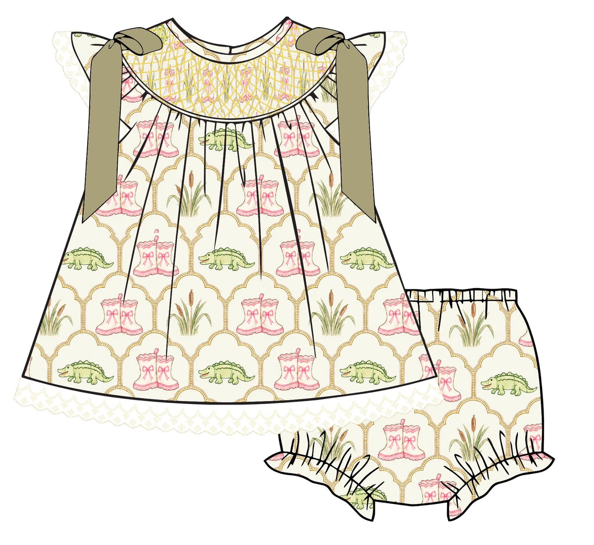 PO4 - ETA MARCH - Boots, Bows & Gators smocked diaper set